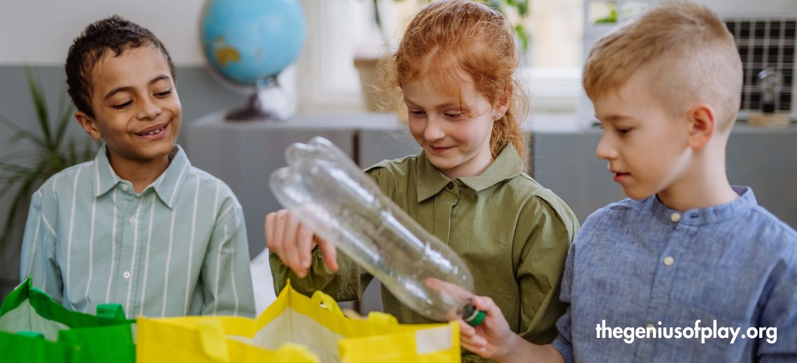 A multi ethnic group of elementary age school children recycling plastic beverage bottles into a yellow bag marked plastic in a school environment 