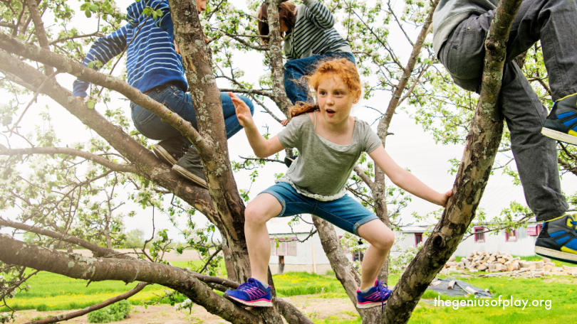 two girls and a boy playing together in the branches of a tree 