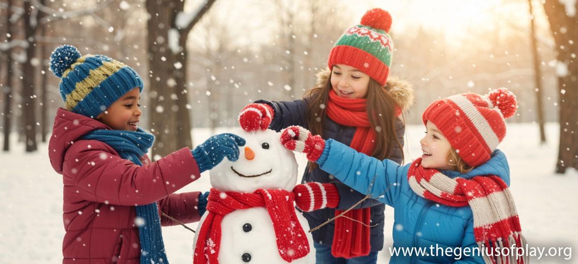 mother, father, young son and daughter smiling and playing outdoors in the snow 