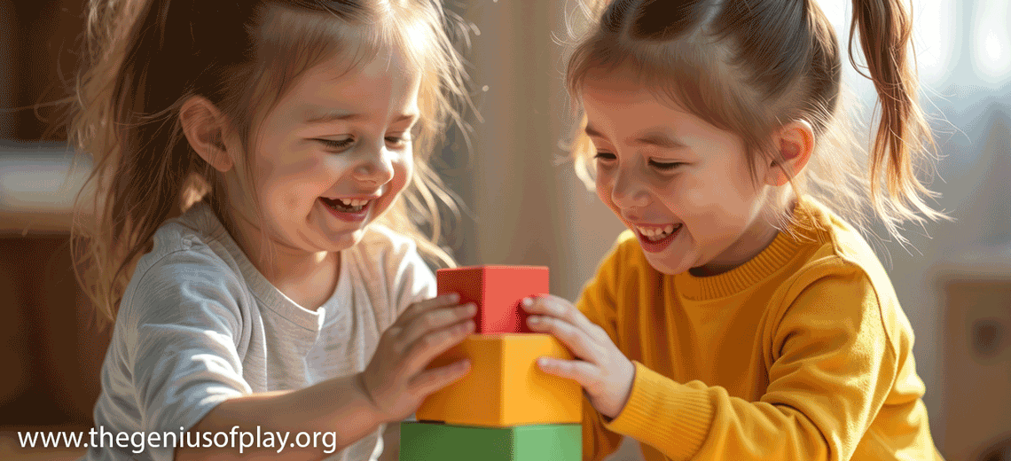 two young girls smiling and playing with colored wooden blocks