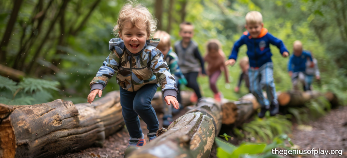 group of children balancing on fallen logs in a forest, enjoying outdoor play