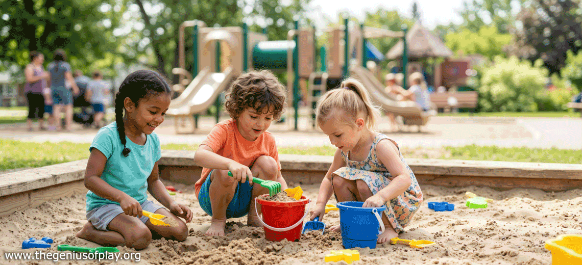 three diverse children playing with buckets and shovels digging in a sandbox at a playground