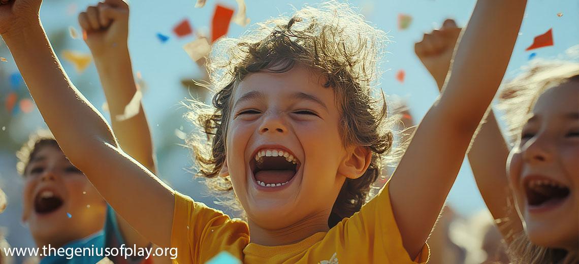 young boy celebrating a victory with raised hands in the air