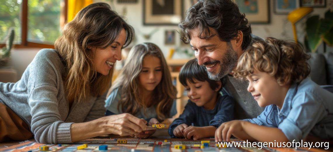  Two parents and three young children playing a board game together